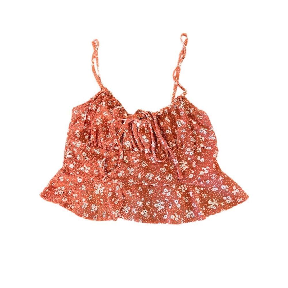 Mahina Women's Red Floral Cami Top Size S Sleeveless Ruffle Hem